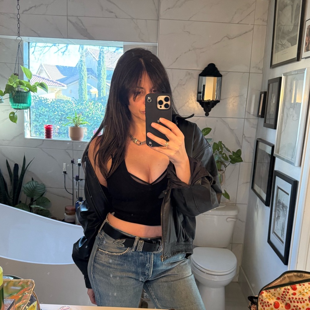 Vintage Black Genuine Leather Jacket Oversized 90s Minimal Beyond California L - Picture 2 of 12